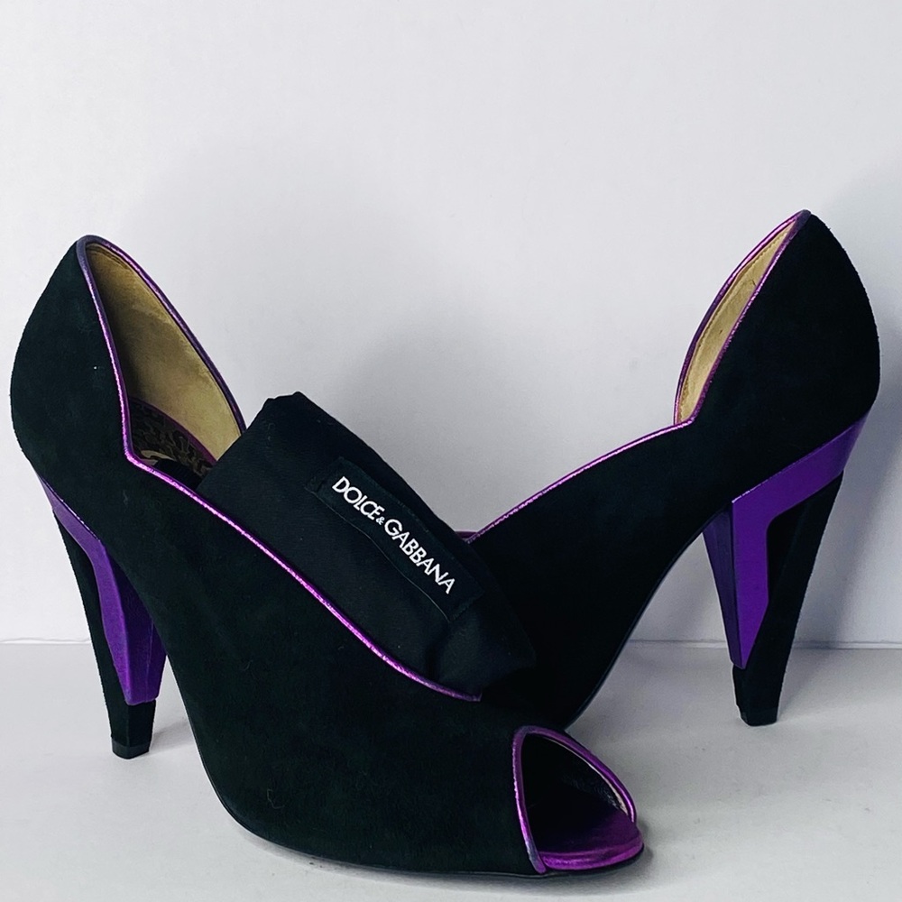 Dolce & Gabbana Black Suede Peep-Toe Pumps with Purple Metallic Leather Trim